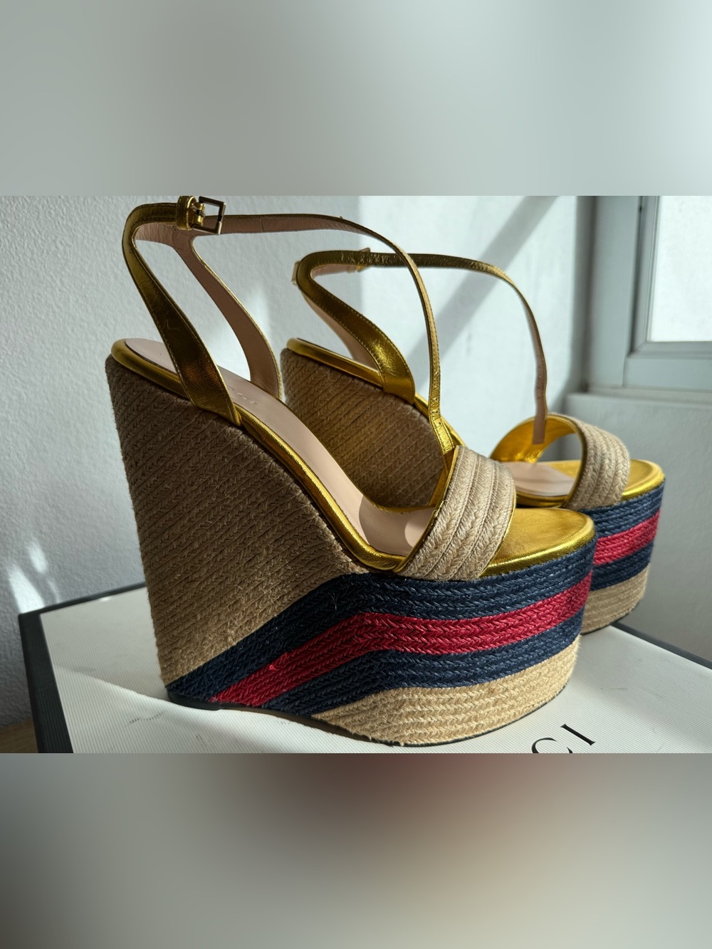 Gucci Metallic Gold Platform Espadrille Wedge Sandals with Navy and Red Stripes